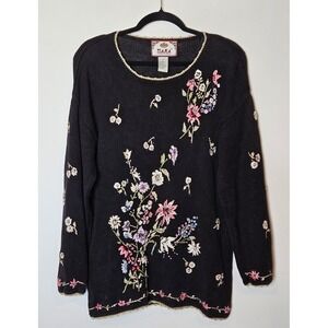 Tiara International Vintage Embroidered Floral Knit‎ Sweater S Grandma Whimsical